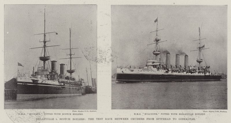 Belleville gegen Scotch Boilers, das Test-Rennen zwischen Kreuzern von Spithead nach Gibraltar von English Photographer