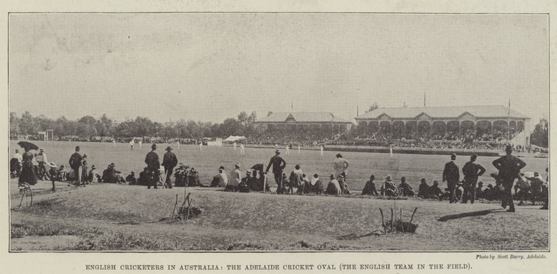 Englische Cricketspieler in Australien, das Adelaide Cricket Oval, das englische Team auf dem Feld von English Photographer