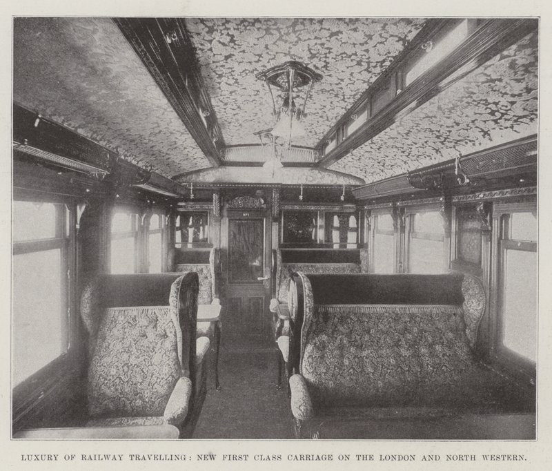 Luxus des Eisenbahnreisens, neuer Erste-Klasse-Wagen auf der London and North Western von English Photographer
