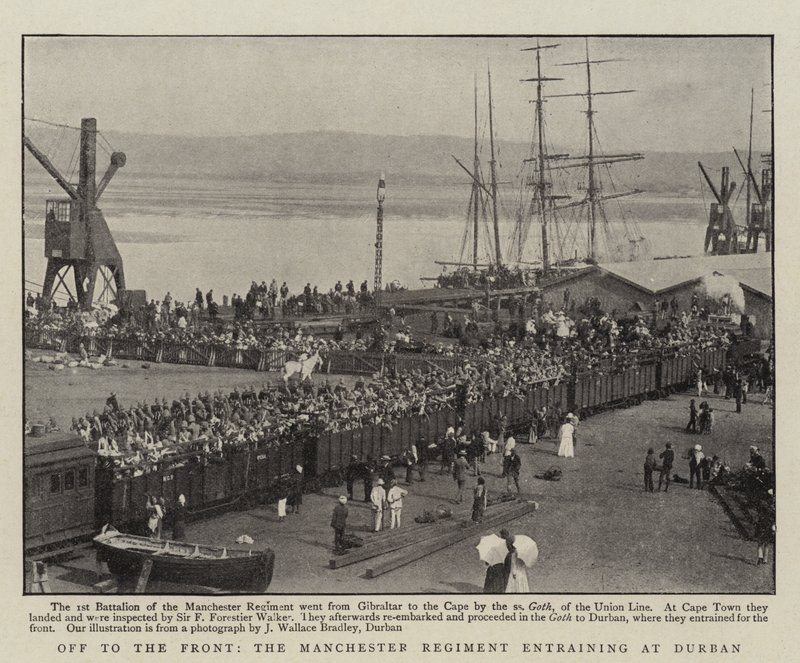 Ab an die Front, das Manchester Regiment beim Einsteigen in Durban von English Photographer