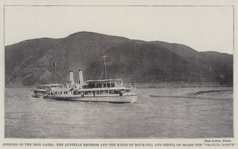 Eröffnung der Eisernen Tore, der österreichische Kaiser und die Könige von Rumänien und Serbien an Bord der Franz Joseph von English Photographer