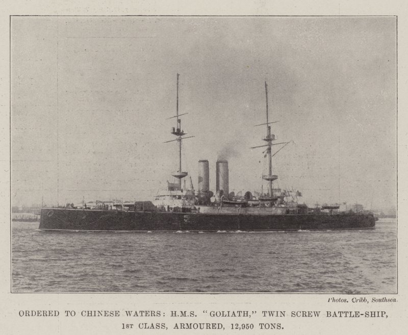 Befehl nach chinesischen Gewässern, HMS Goliath, Doppelschrauben-Schlachtschiff, 1. Klasse, gepanzert, 12.950 Tonnen von English Photographer