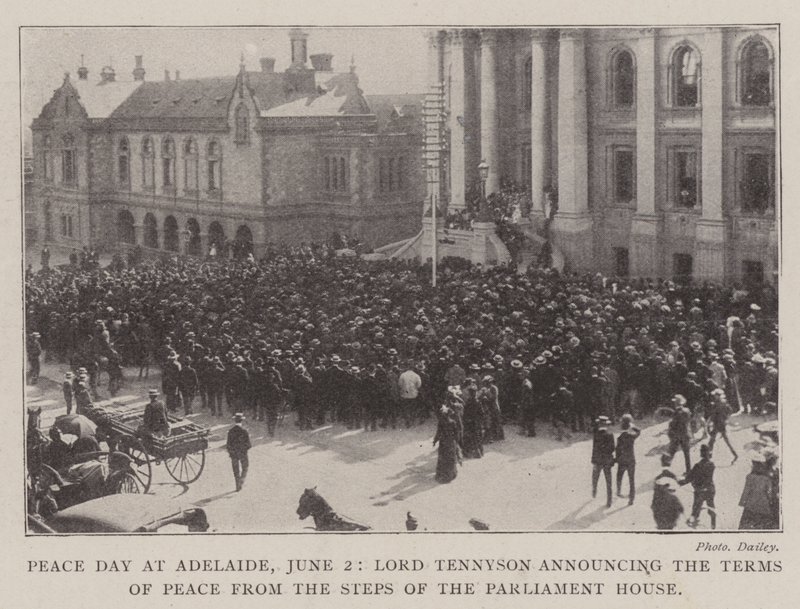 Friedenstag in Adelaide, 2. Juni, Lord Tennyson verkündet die Friedensbedingungen von den Stufen des Parlamentsgebäudes von English Photographer