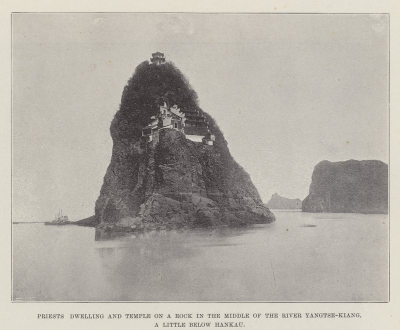 Priesterwohnung und Tempel auf einem Felsen in der Mitte des Flusses Yangtse-Kiang, etwas unterhalb von Hankau von English Photographer