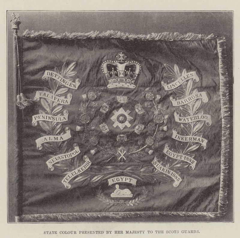 Staatsfarbe, präsentiert von Ihrer Majestät an die Scots Guards von English Photographer
