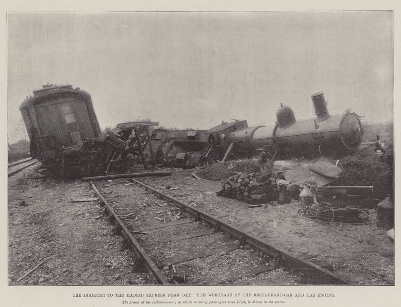 Das Unglück des Madrid-Express in der Nähe von Dax, die Trümmer des Speisewagens und der Lokomotive von English Photographer