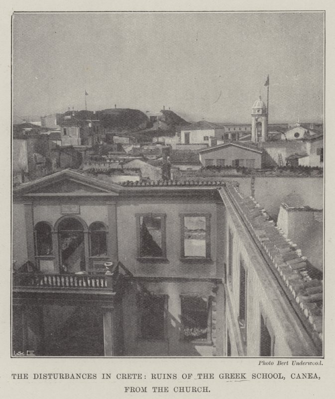 Die Unruhen auf Kreta, Ruinen der griechischen Schule, Canea, von der Kirche aus von English Photographer