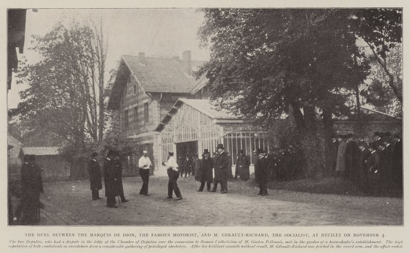 Das Duell zwischen dem Marquis de Dion, dem berühmten Motoristen, und M. Gerault-Richard, dem Sozialisten, in Neuilly am 4. November von English Photographer