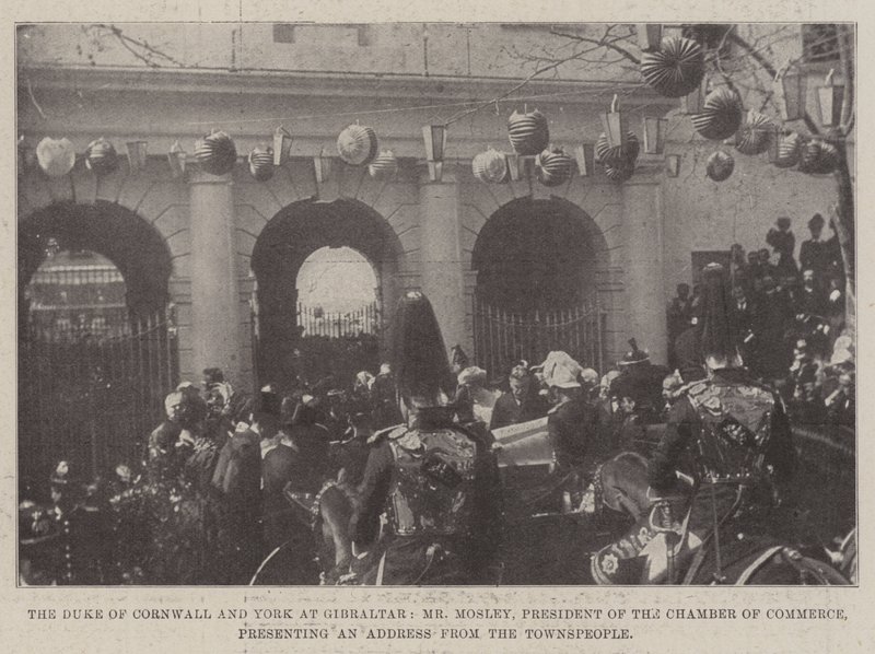 Der Herzog von Cornwall und York in Gibraltar, Herr Mosley, Präsident der Handelskammer, überreicht eine Adresse von den Stadtbewohnern von English Photographer