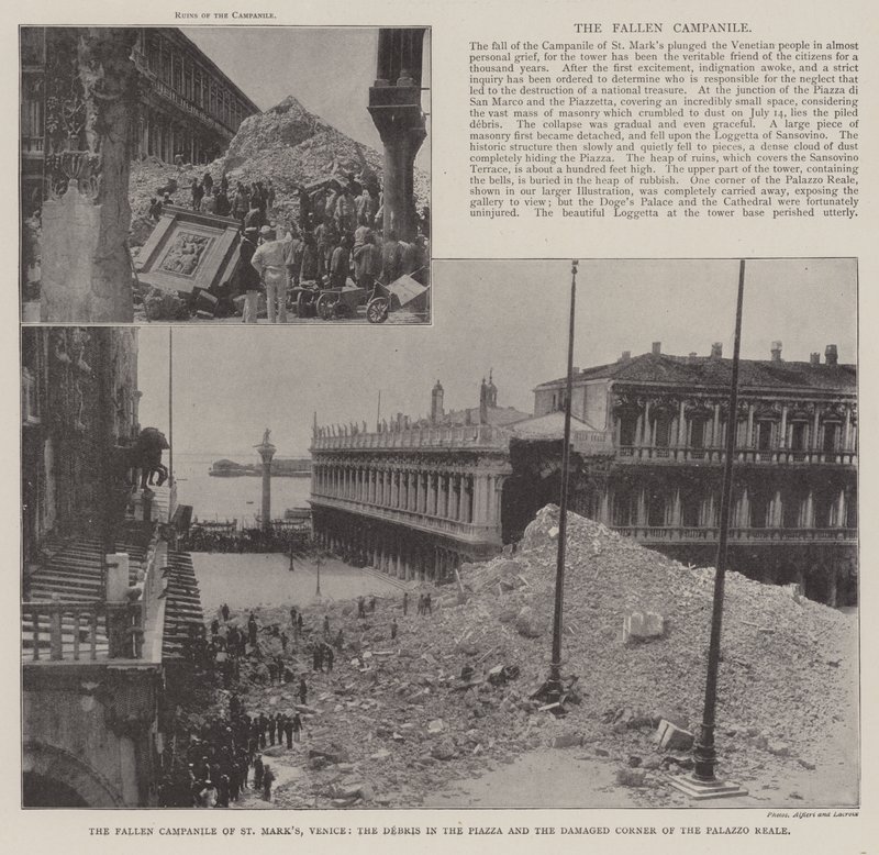 Der gefallene Campanile von St. Markus, Venedig, die Trümmer auf der Piazza und die beschädigte Ecke des Palazzo Reale von English Photographer