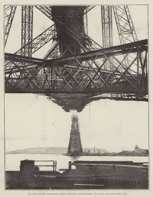 Die Forth-Brücke, Queensferry North Cantilever, unteres Mitglied und Garvie Main Pier (April 1889) von English Photographer