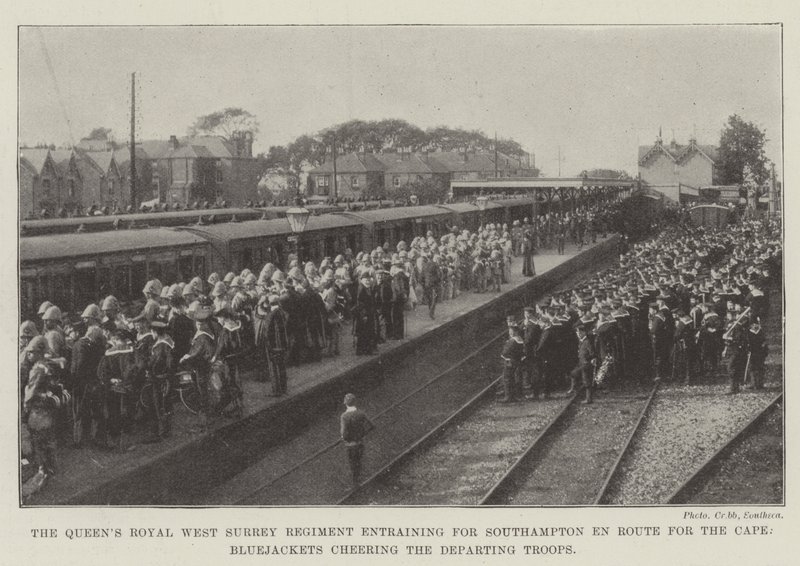 Das Queens Royal West Surrey Regiment auf dem Weg nach Southampton zum Kap, Matrosen jubeln den abreisenden Truppen zu von English Photographer