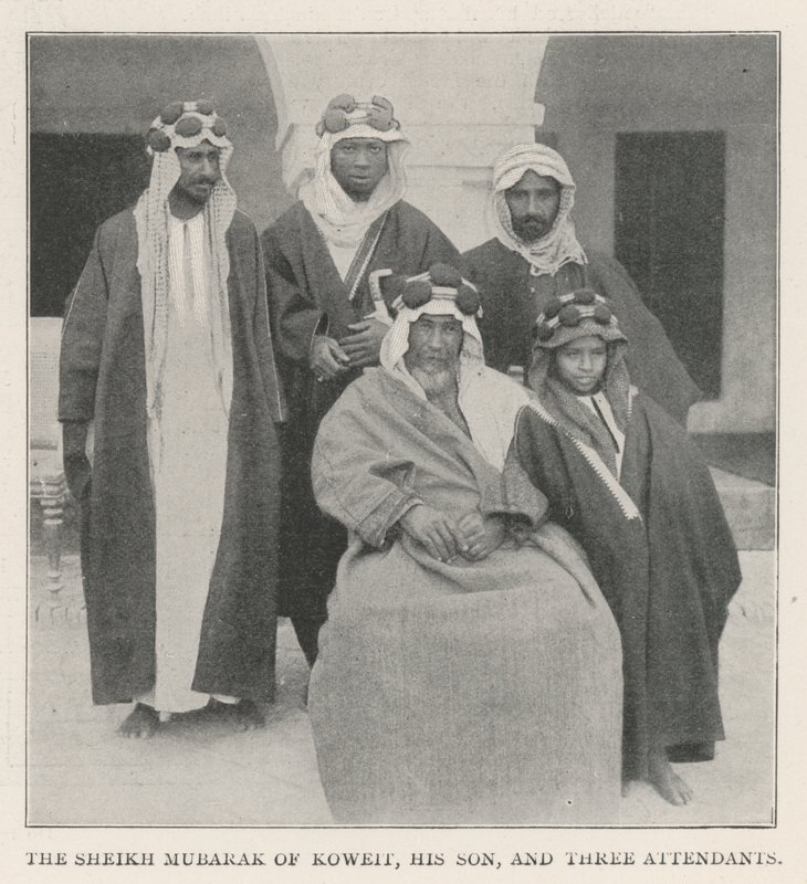 Der Scheich Mubarak von Kuwait, sein Sohn und drei Begleiter von English Photographer