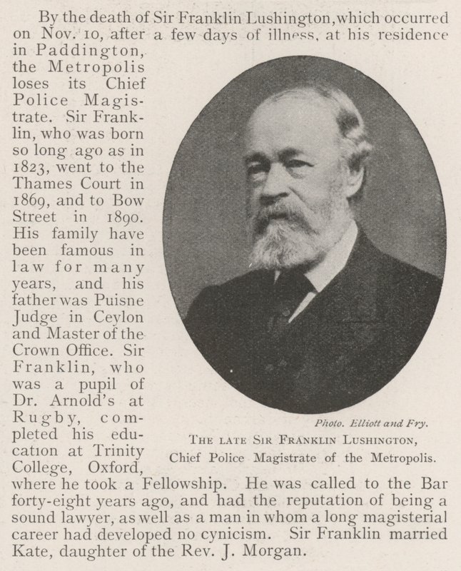 Der verstorbene Sir Franklin Lushington, Hauptpolizeimagistrat der Metropole von English Photographer