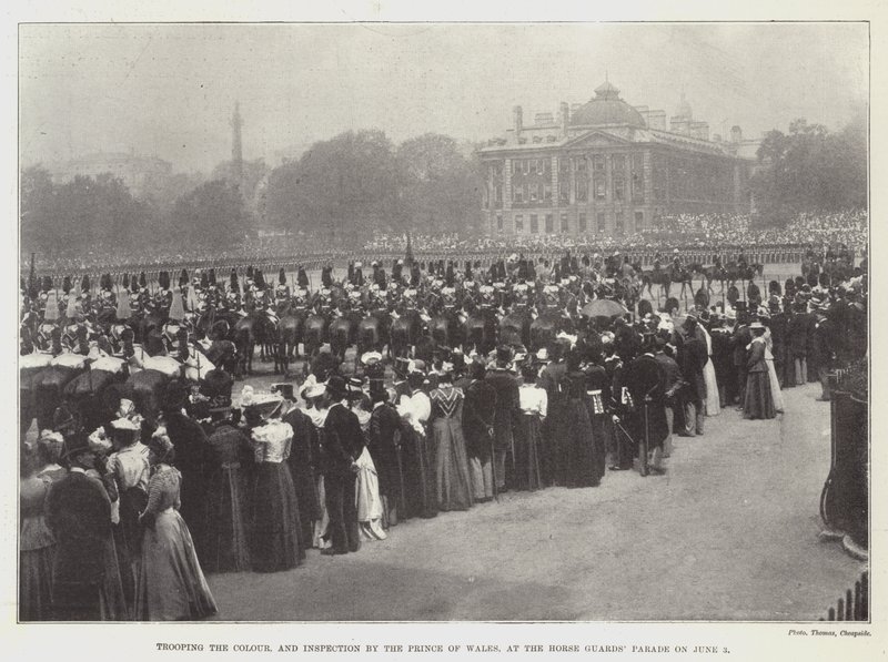 Trooping the Colour und Inspektion durch den Prinzen von Wales auf der Horse Guards Parade am 3. Juni von English Photographer