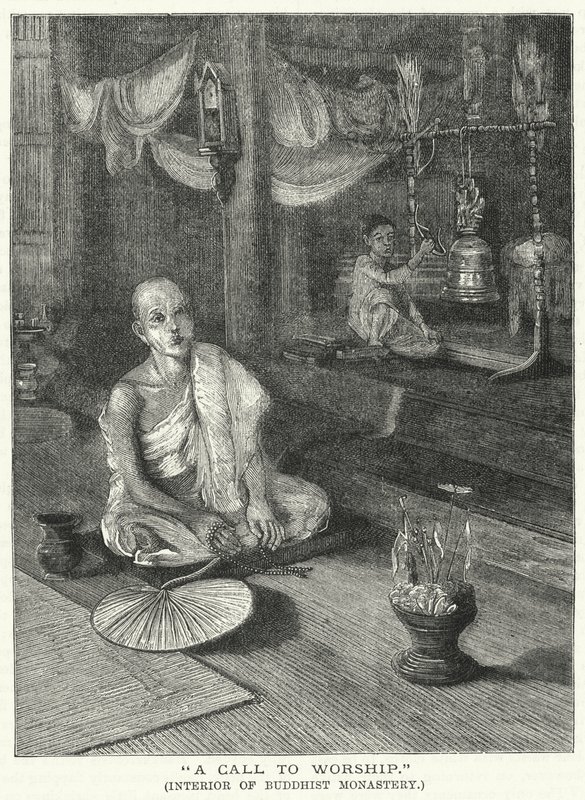 "Ein Ruf zum Gebet," Innenraum eines buddhistischen Klosters (Stich) von English School