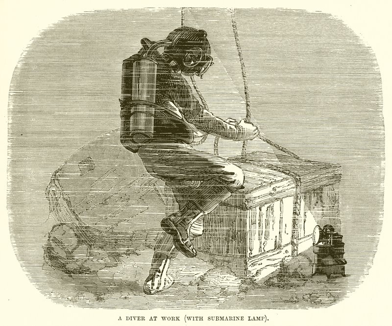 Ein Taucher bei der Arbeit (mit Unterwasserlampe) von English School