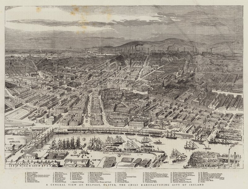 Eine Gesamtansicht von Belfast, Ulster, die wichtigste Industriestadt Irlands (Gravur) von English School
