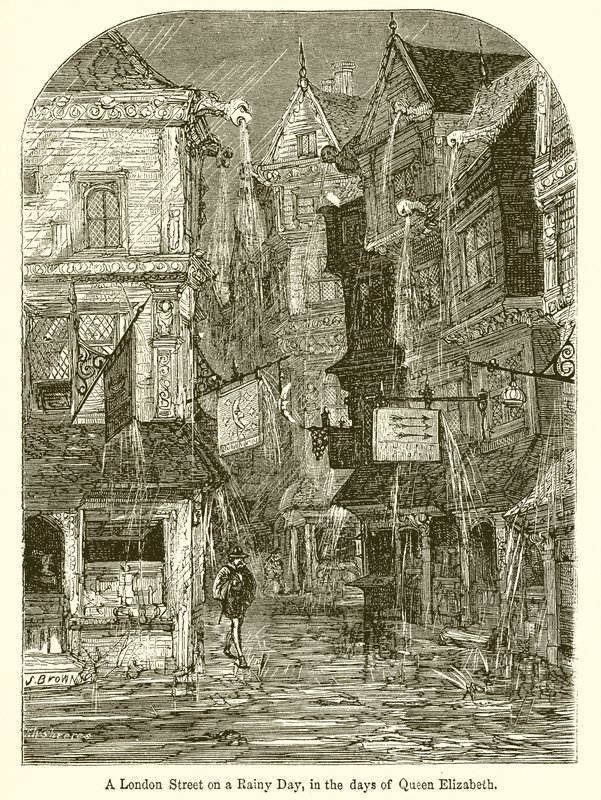 Eine Londoner Straße an einem Regentag zur Zeit von Königin Elisabeth von English School