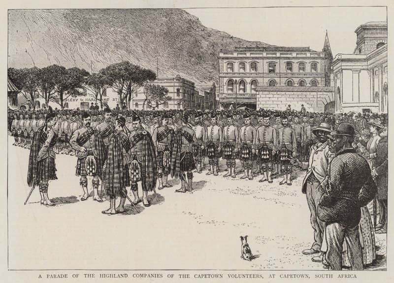 Eine Parade der Highland-Kompanien der Kapstädter Freiwilligen in Kapstadt, Südafrika von English School