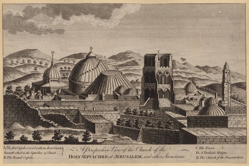 Perspektivische Ansicht der Kirche des Heiligen Grabes in Jerusalem und anderer Bauwerke (Stich) von English School