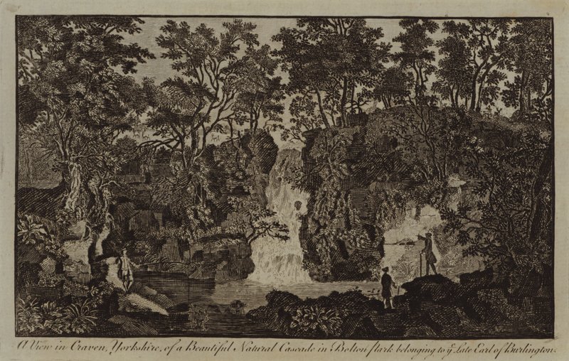 Eine Ansicht in Craven, Yorkshire, von einem schönen natürlichen Wasserfall im Bolton Park, der dem verstorbenen Earl of Burlington gehörte von English School