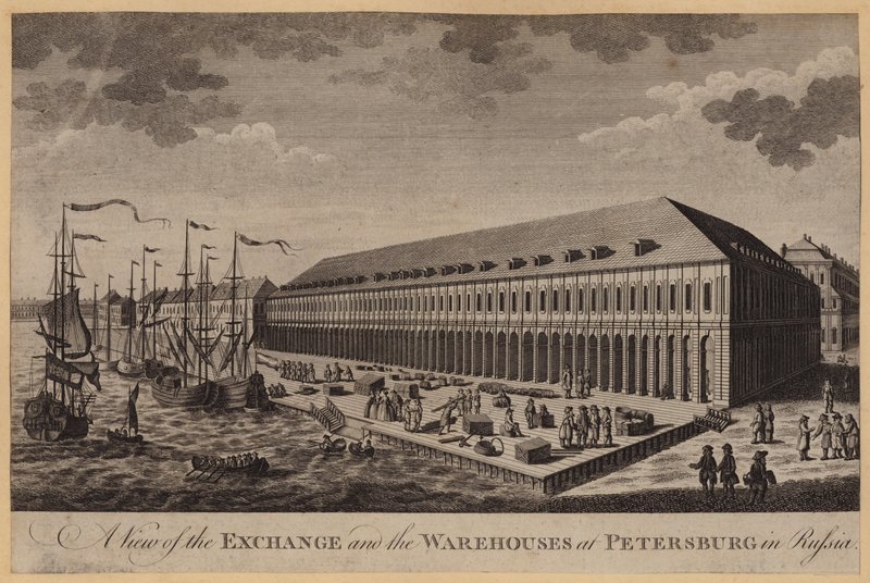 Ansicht der Börse und der Lagerhäuser in Petersburg, Russland (Stich) von English School