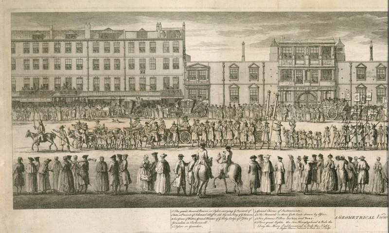 Geometrische Ansicht der großen Prozession der Scald Miserable Masons, Somerset House, London von English School