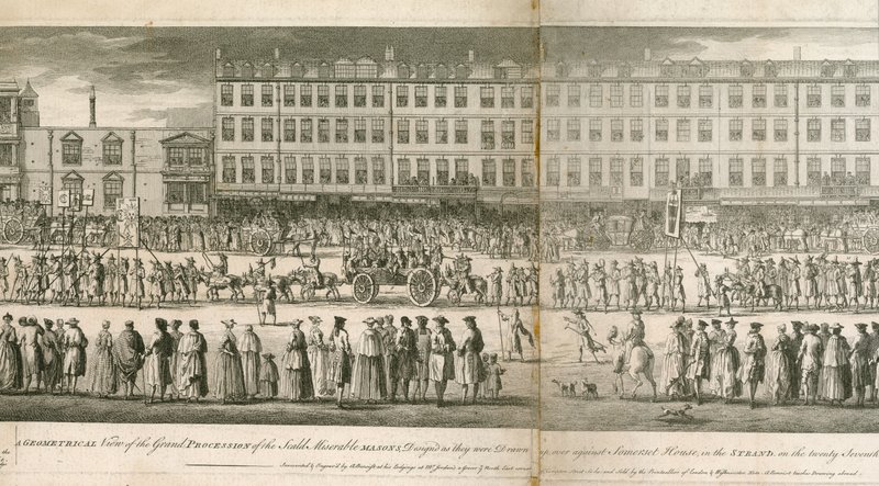 Geometrische Ansicht der großen Prozession der Scald Miserable Masons, Somerset House, London von English School