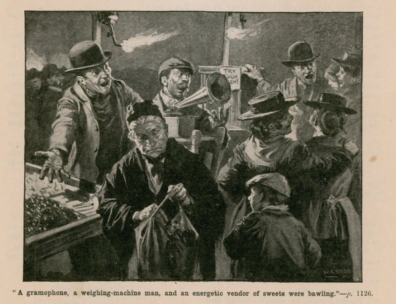 Ein Grammophon, ein Wiegemaschinenmann und ein energischer Süßigkeitenverkäufer schrien von English School