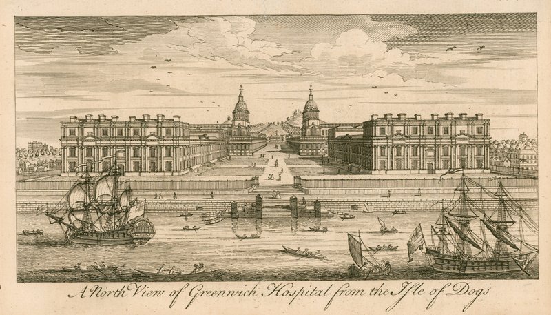 Eine Nordansicht des Greenwich Hospital, London, von der Isle of Dogs von English School