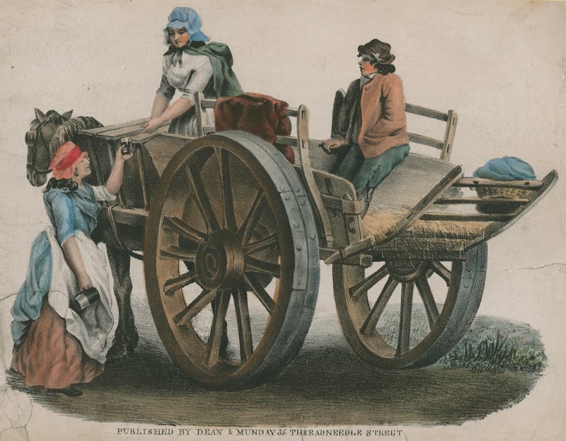 Eine Frau und ein Kind auf einem Pferdewagen von English School