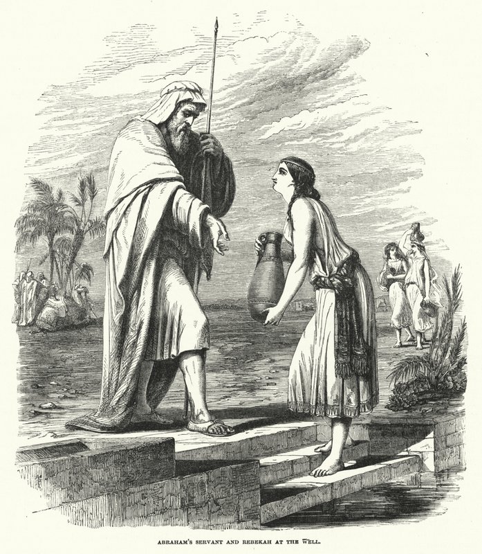 Abrahams Diener und Rebekka am Brunnen (Gravur) von English School