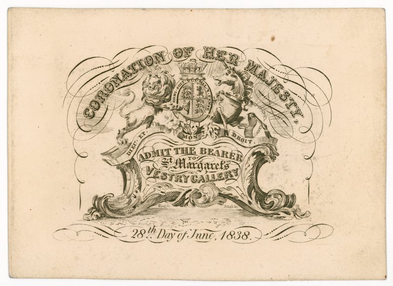 Eintrittskarte zur St. Margarets Vestry Gallery, zur Krönung von Königin Victoria, 28. Juni 1838, Vorderseite von English School