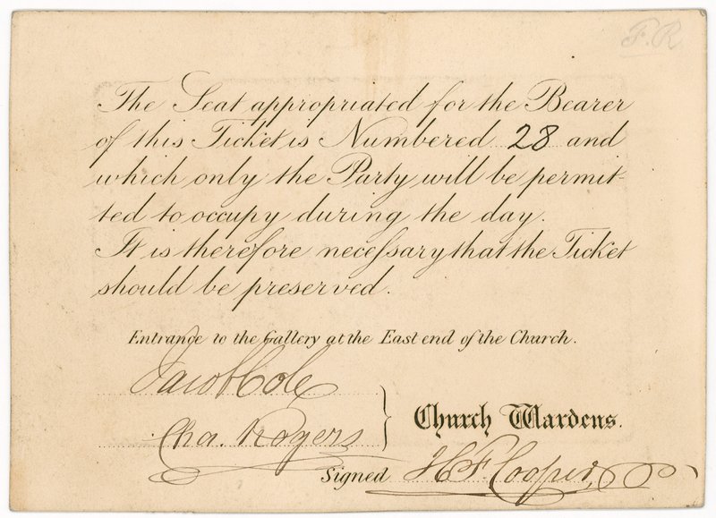 Eintrittskarte zur St. Margarets Vestry Gallery, zur Krönung von Königin Victoria, 28. Juni 1838, Rückseite von English School