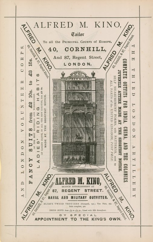 Werbung für Alfred M Kino, Schneider, 40 Cornhill und 87 Regent Street, London von English School