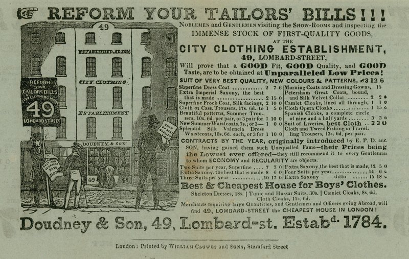 Werbung für Doudney & Son, City Clothing Establishment, 49 Lombard Street, London von English School