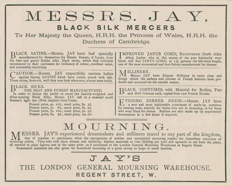 Anzeige für Messrs Jay, The London General Mourning Warehouse, Regent Street von English School