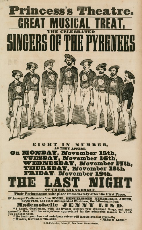 Anzeige für das Princesss Theater, London, mit den Sängern der Pyrenäen von English School