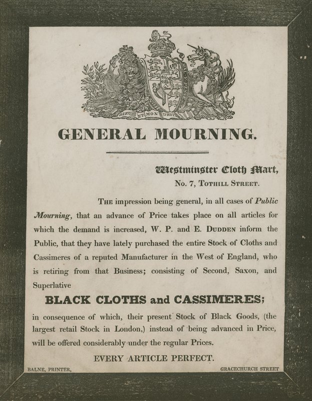 Anzeige für W P und E Dudden, Westminster Cloth Mart, 7 Tothill Street von English School