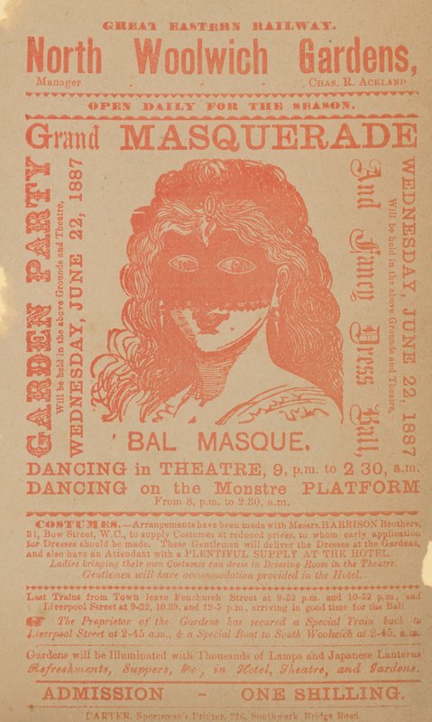 Werbung für eine Gartenparty und einen großen Maskenball von English School
