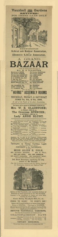Werbung für einen großen Basar in den Vauxhall Gardens von English School