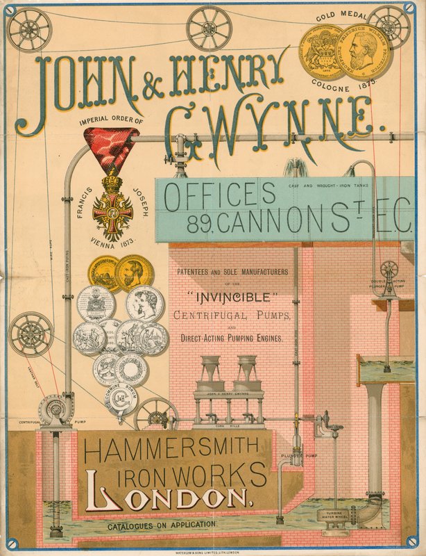 Werbung für John und Henry Gwynne, 89 Cannon Street, London, Hersteller der Unbesiegbaren Zentrifugalpumpe von English School