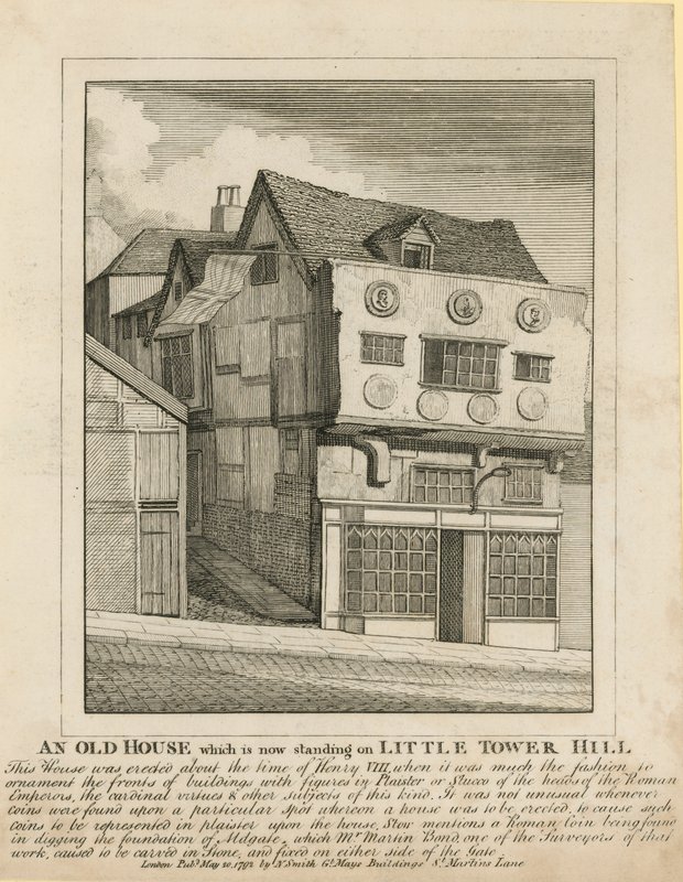 Ein altes Haus, das noch auf dem Little Tower Hill, London, steht von English School