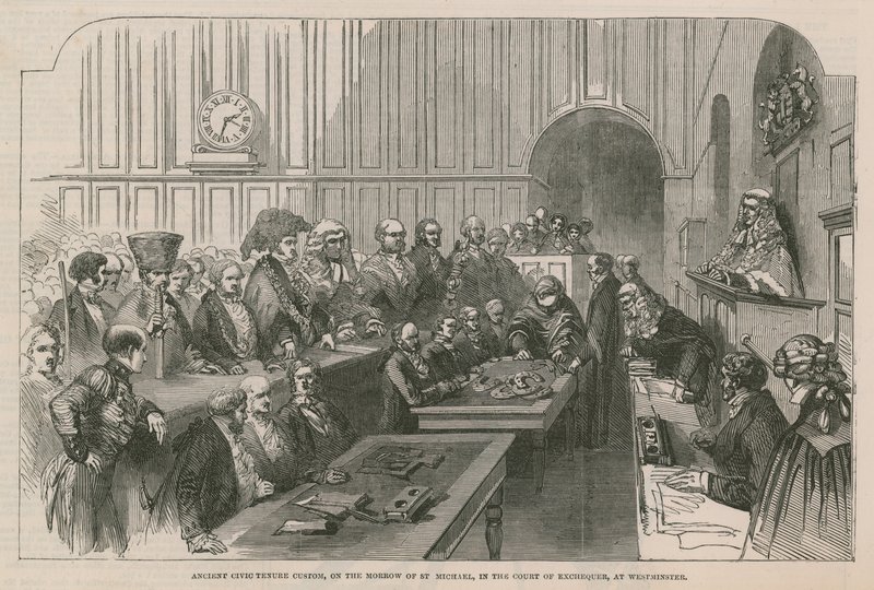 Altes städtisches Pachtbrauch, am Spiegel von St. Michael, im Gericht der Schatzkammer, in Westminster von English School