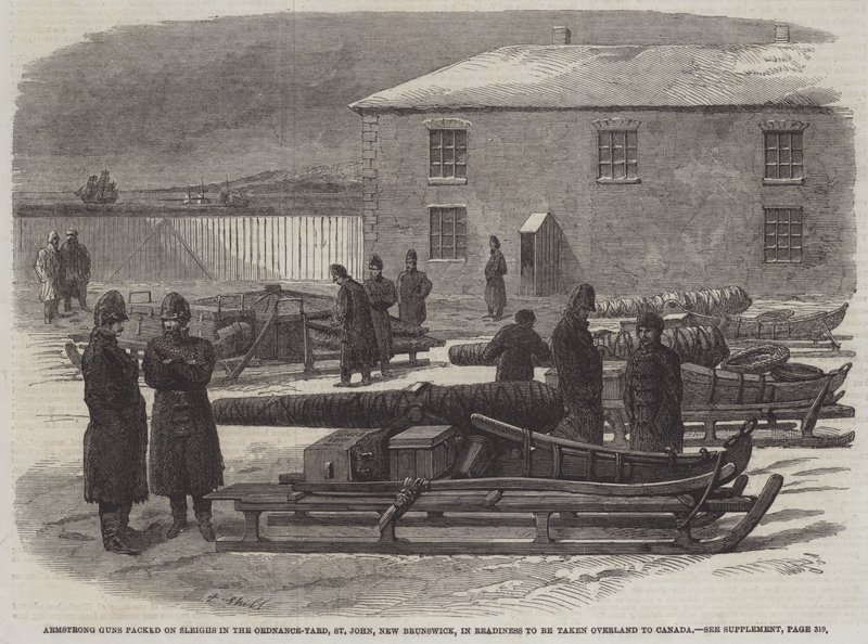 Armstrong-Kanonen auf Schlitten im Ordnance-Yard, St. John, New Brunswick, bereit zur Überlandfahrt nach Kanada von English School