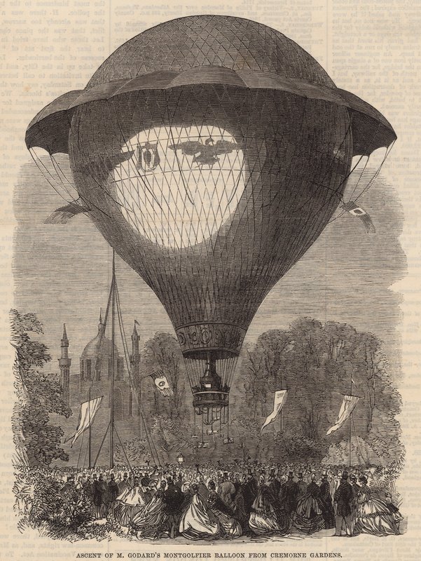 Aufstieg des Montgolfier-Ballons von M. Godard aus den Cremorne Gardens von English School