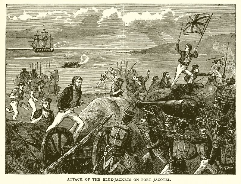 Angriff der blauen Jacken auf Port Jacotel von English School