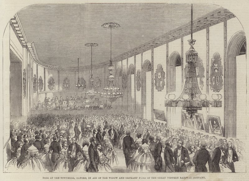 Ball im Rathaus, Oxford, zugunsten des Witwen- und Waisenfonds der Great Western Railway Company (Stich) von English School