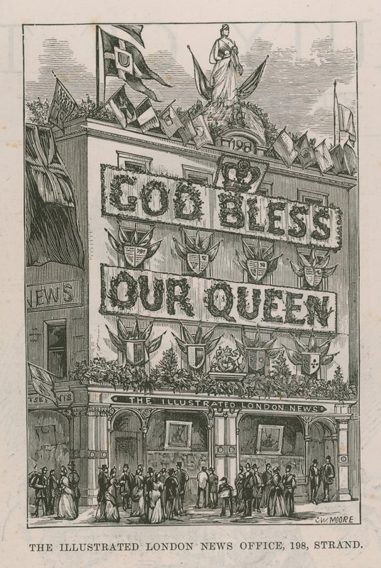 Banner schmückt die Illustrated London News Büros von English School